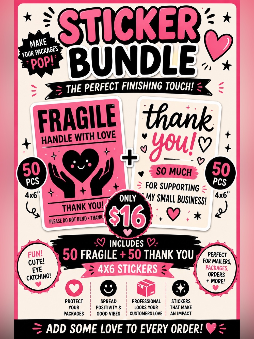 Sticker Bundle - 50 Fragile & 50 Thank You 4x6 Stickers
